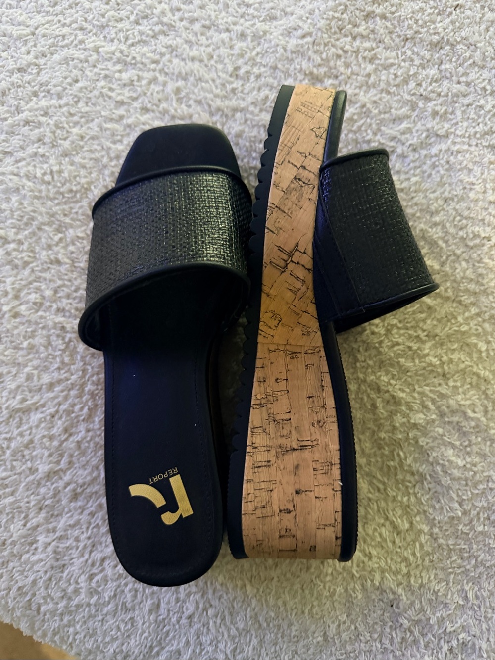 Report Black Cork Wedge Slide Sandals